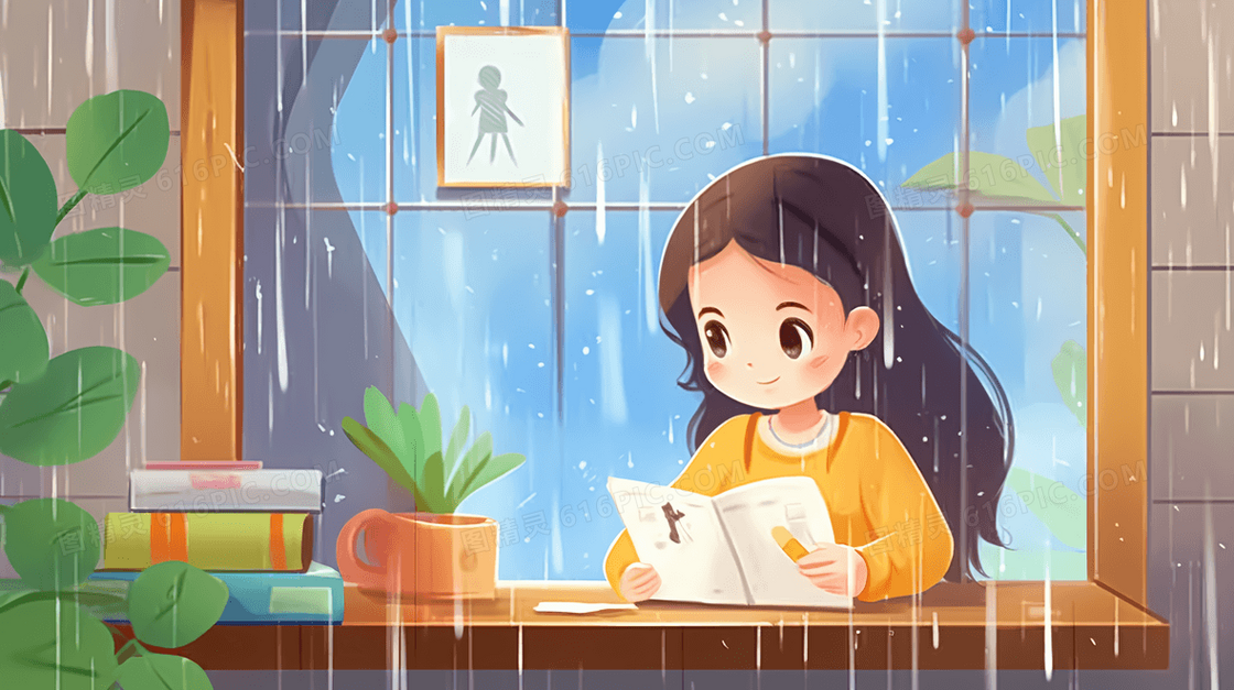 下雨天学生在阳台上学习创意插画