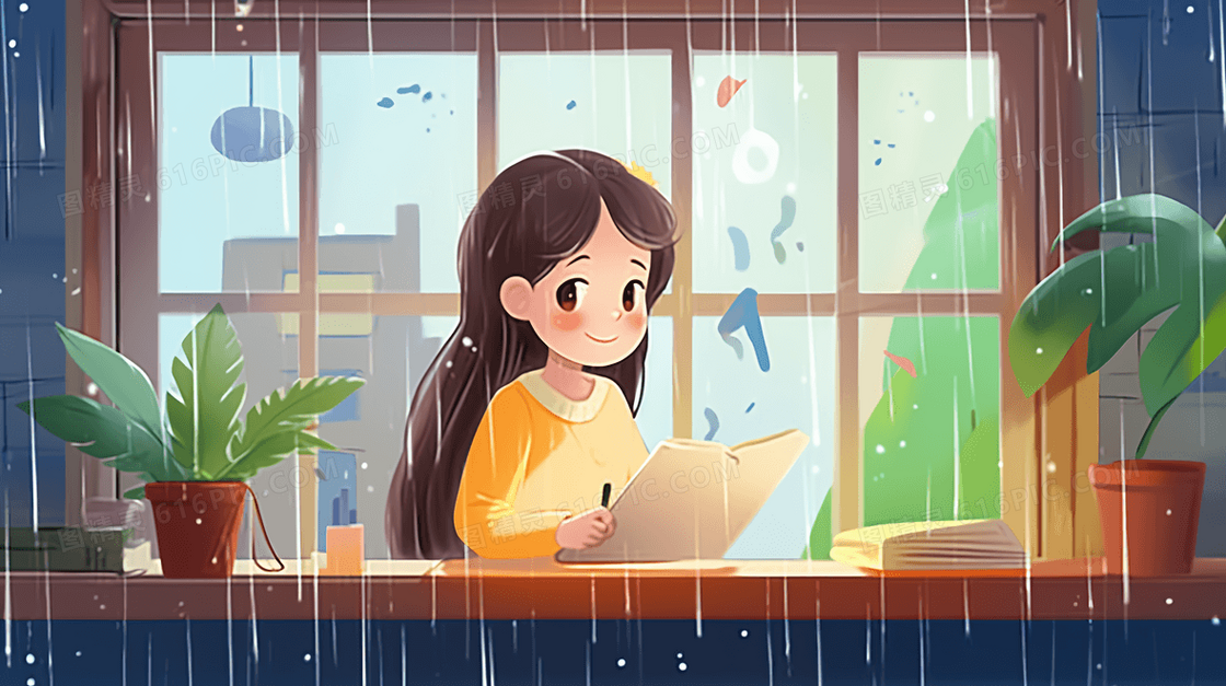 下雨天学生在阳台上学习创意插画