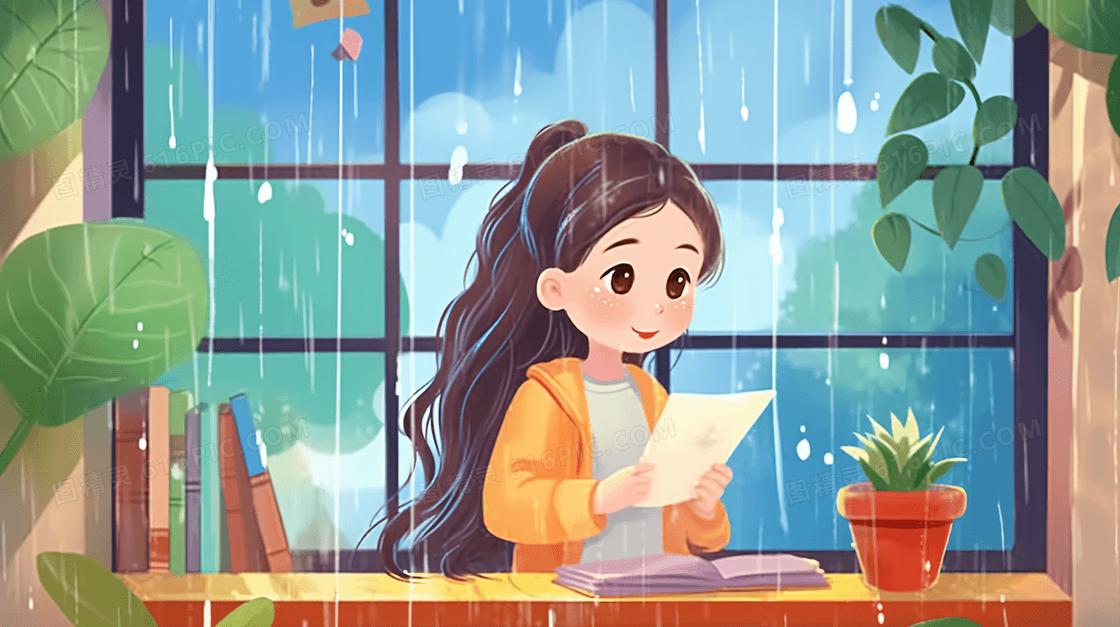 下雨天学生在阳台上学习创意插画