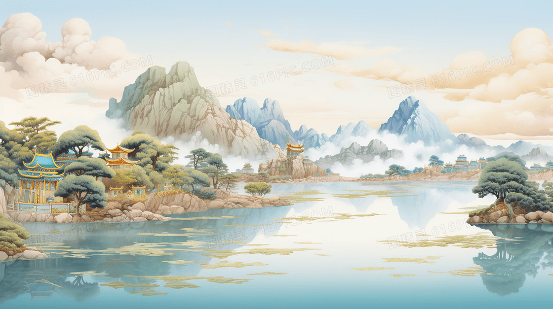 中国风唯美山水风景插画