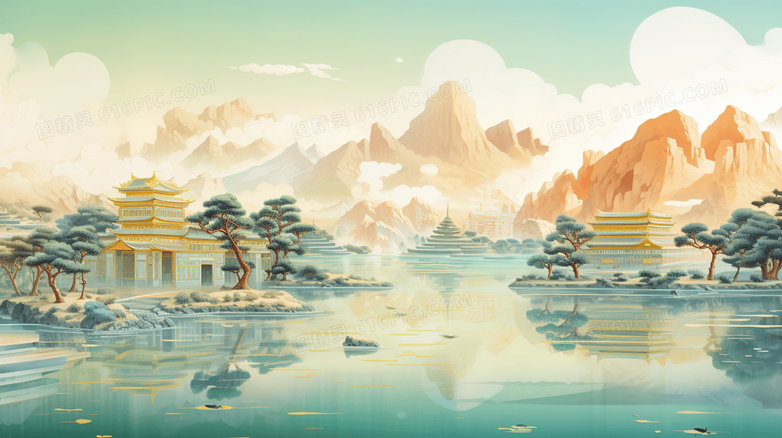 中国风唯美山水风景插画