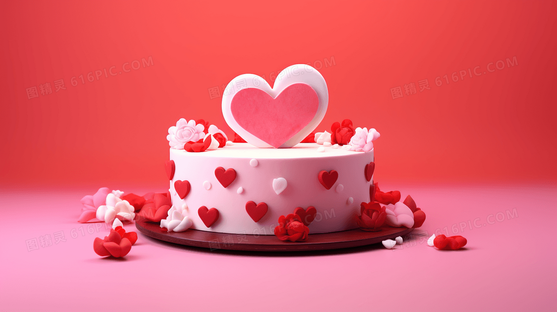 粉色3D立体心形爱情蛋糕插画
