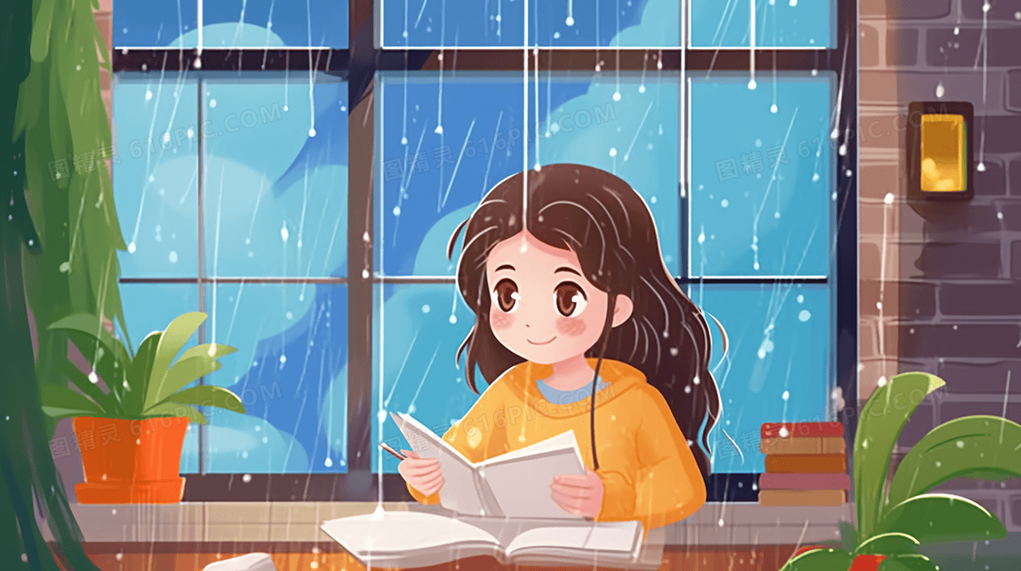 下雨天学生在阳台上学习创意插画