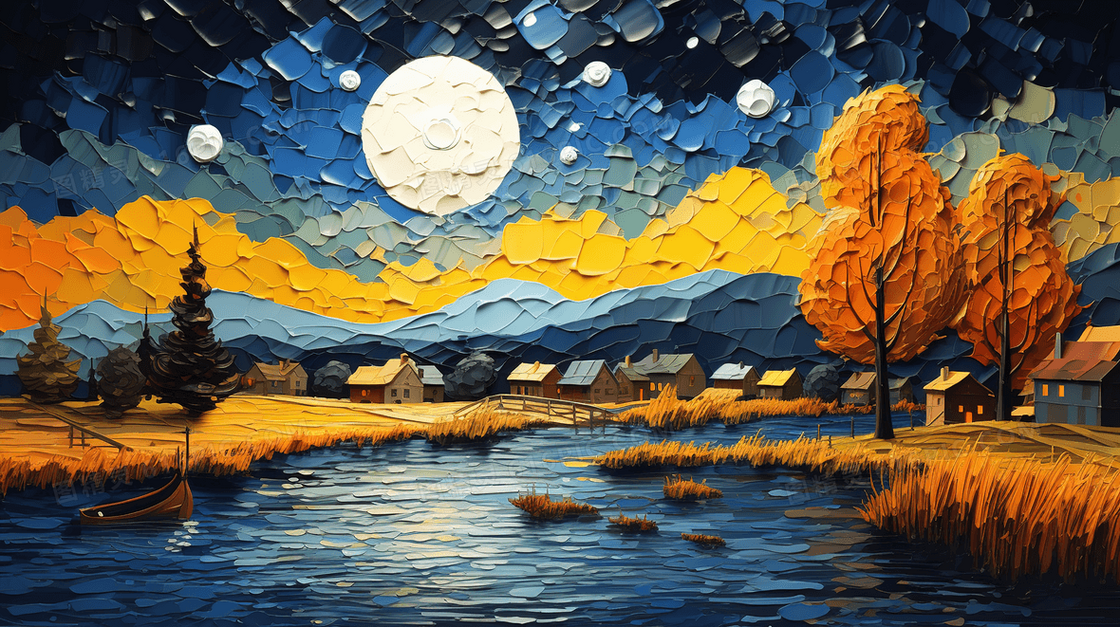 彩色秋季唯美湖边夜空星空插画