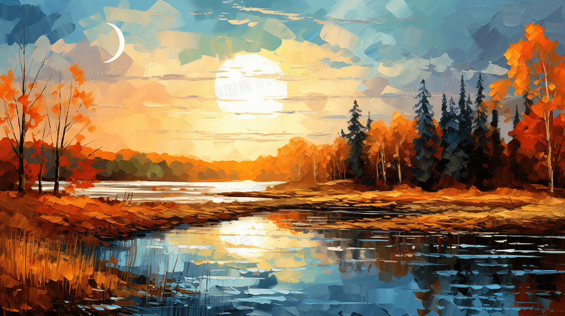 彩色梵高画风秋季唯美风景插画