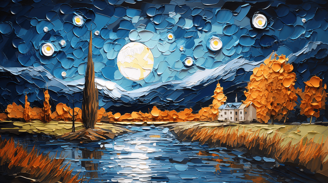 彩色秋季唯美湖边夜空星空插画