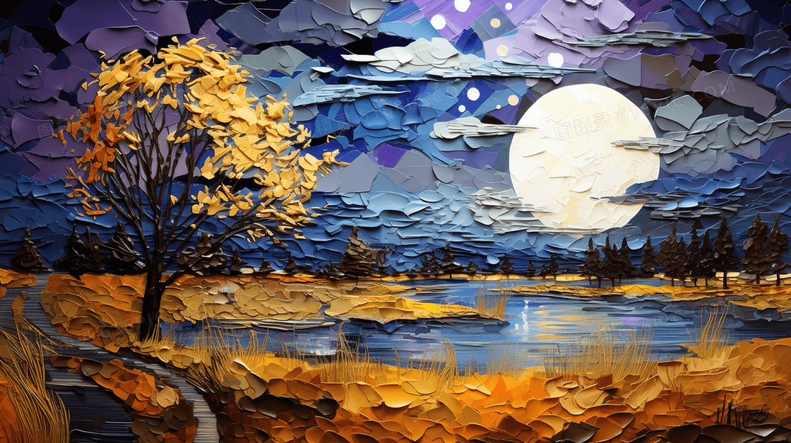 彩色梵高画风秋季唯美风景插画