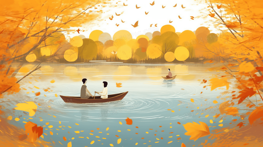 唯美秋日湖面上的小船风景插画