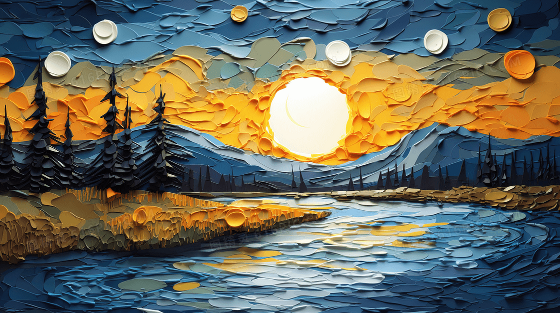 彩色梵高画风秋季唯美风景插画