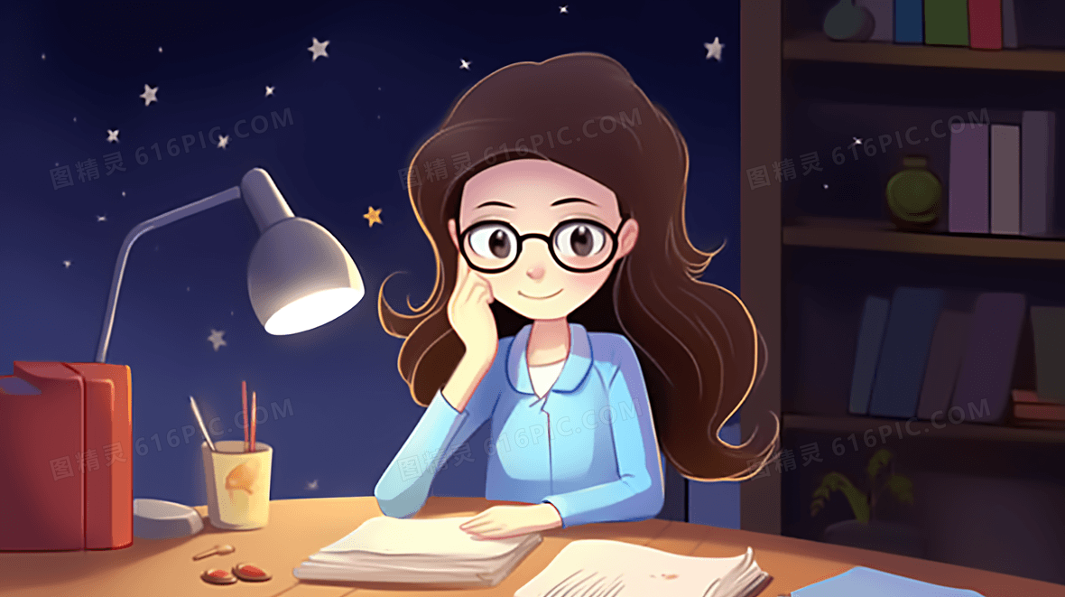 夜晚备课的女老师教师节插画
