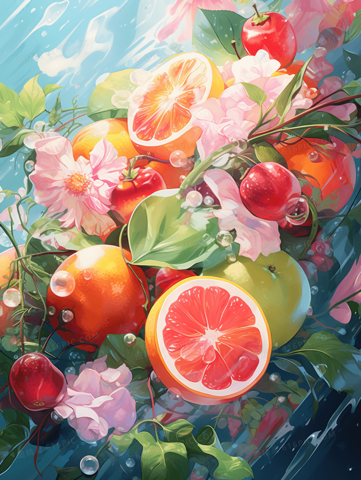 夏日彩色花瓣水果插画