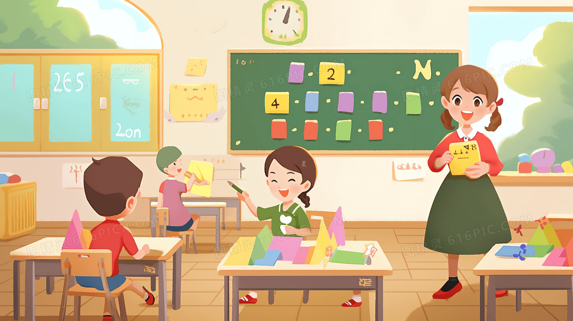 幼儿园教室老师在给可爱的孩子们上课创意插画