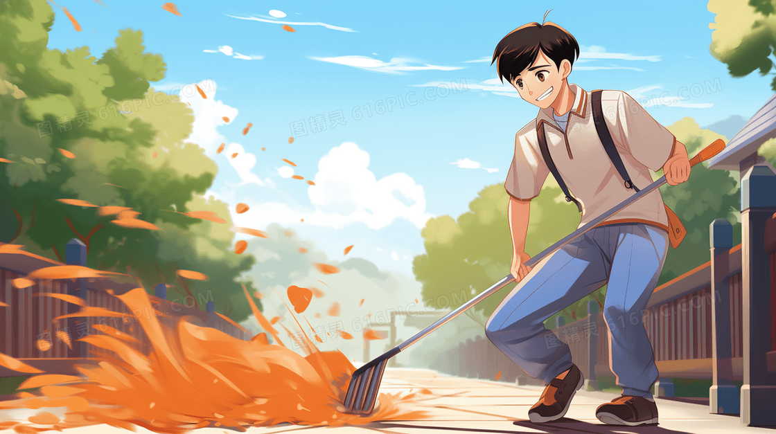 城市清洁工打扫卫生志愿者卡通人物插画