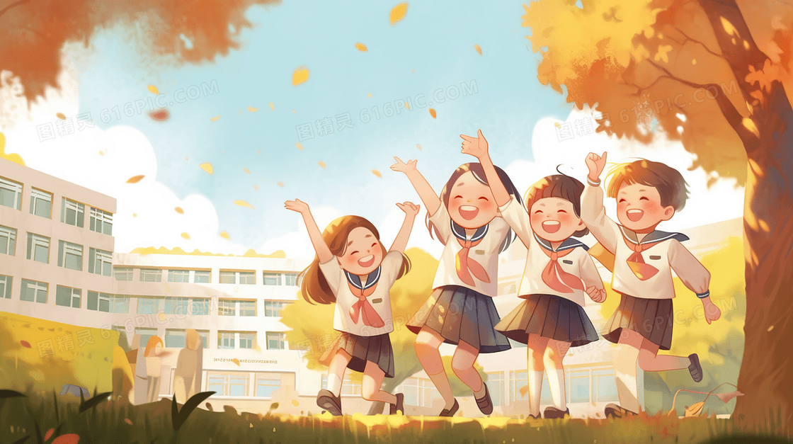 开学季穿着校服的学生们开心的在教学楼下创意插画