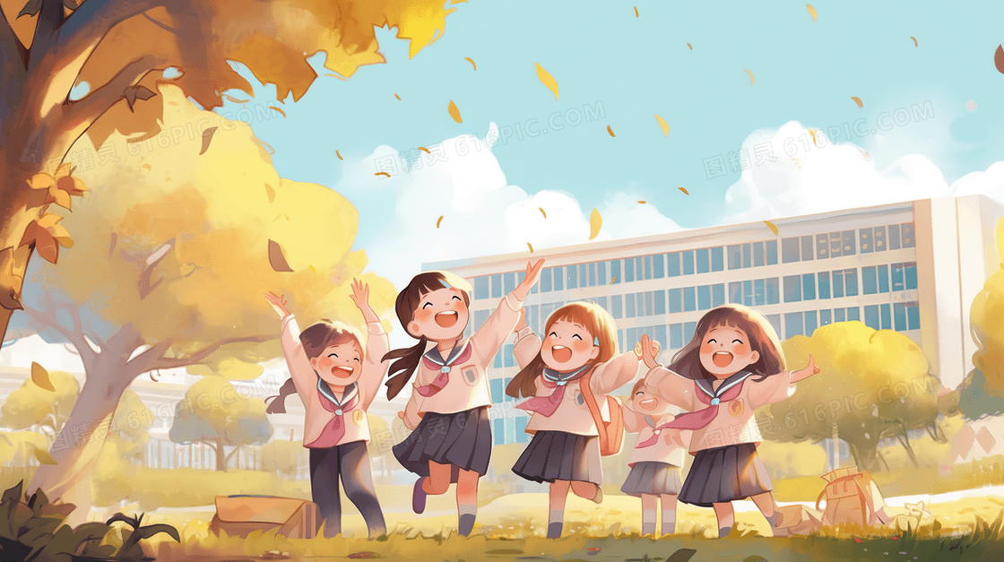 开学季穿着校服的学生们开心的在教学楼下创意插画