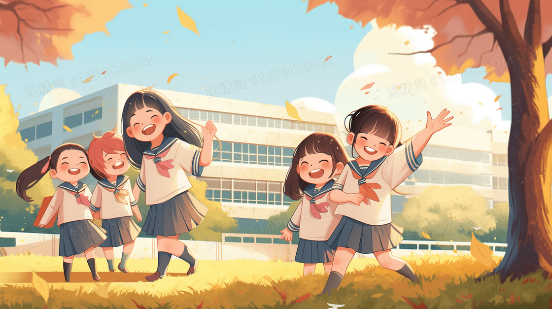 开学季穿着校服的学生们开心的在教学楼下创意插画