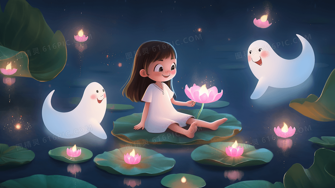 中元节坐在荷叶上给鬼魂祈福的少女创意插画