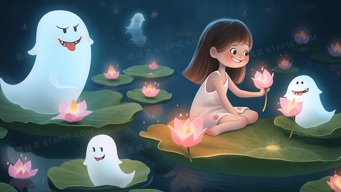 中元节坐在荷叶上给鬼魂祈福的少女创意插画
