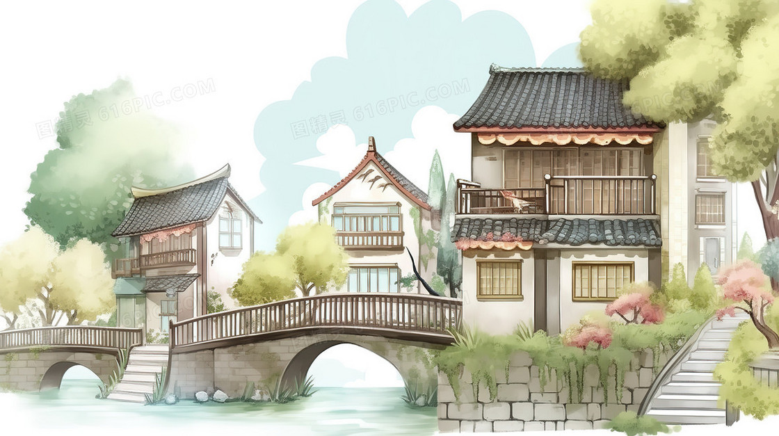 中国复古建筑插画