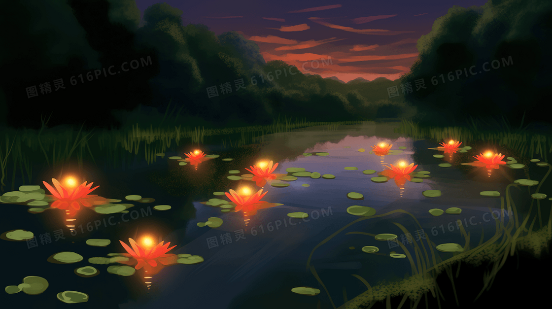 中元节河面漂浮着祭祀的河灯创意插画