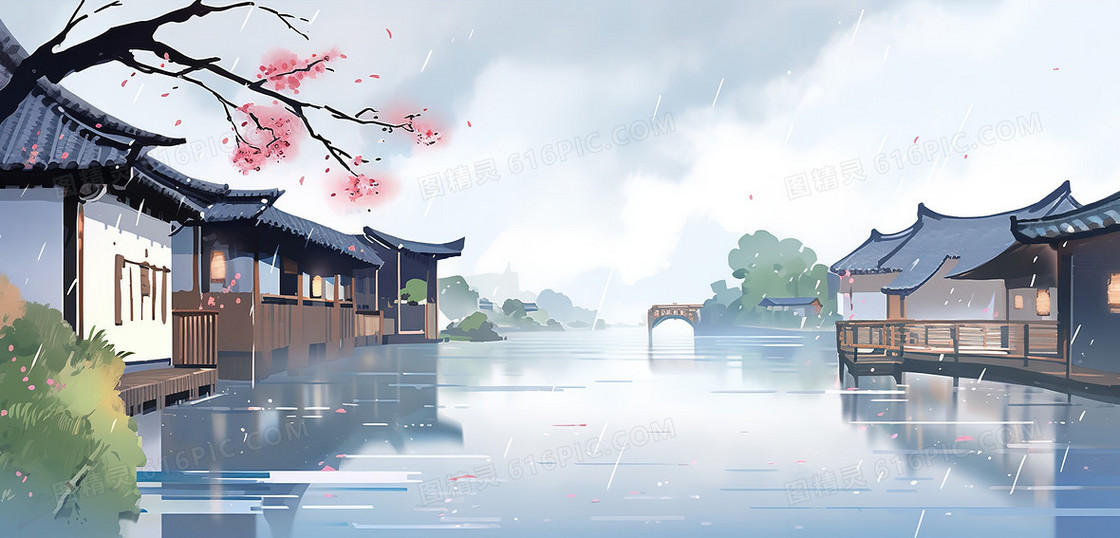 清明节气古镇风景插画
