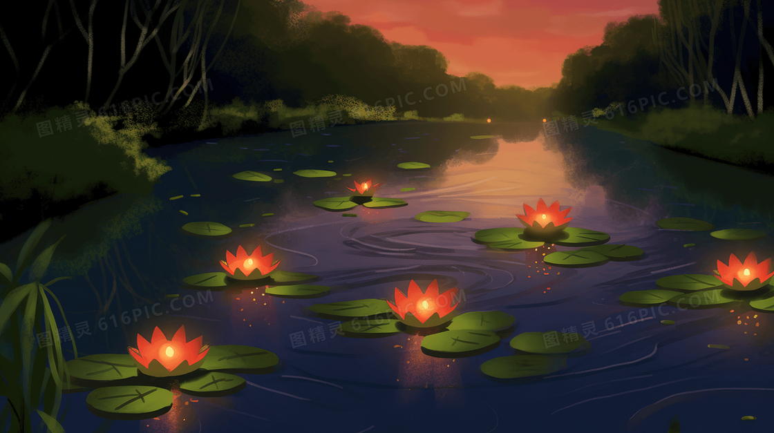 中元节河面漂浮着祭祀的河灯创意插画