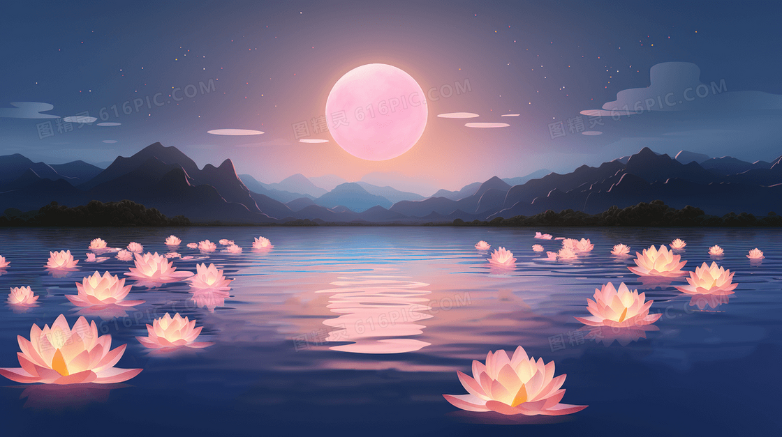 唯美月夜漂浮在湖面上的河灯创意插画