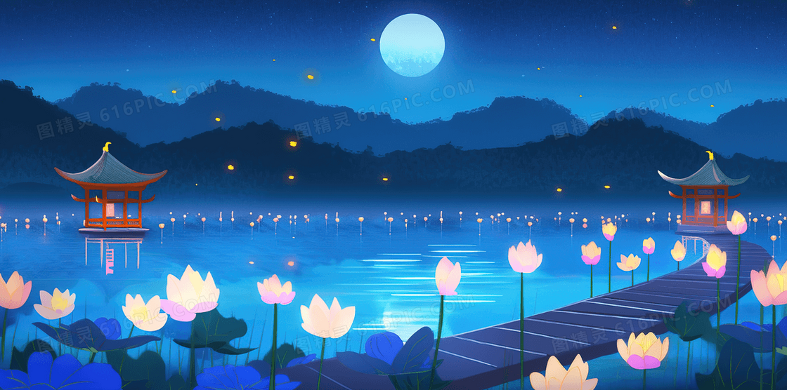 湖面亭子周围漂浮着许多荷花灯创意插画