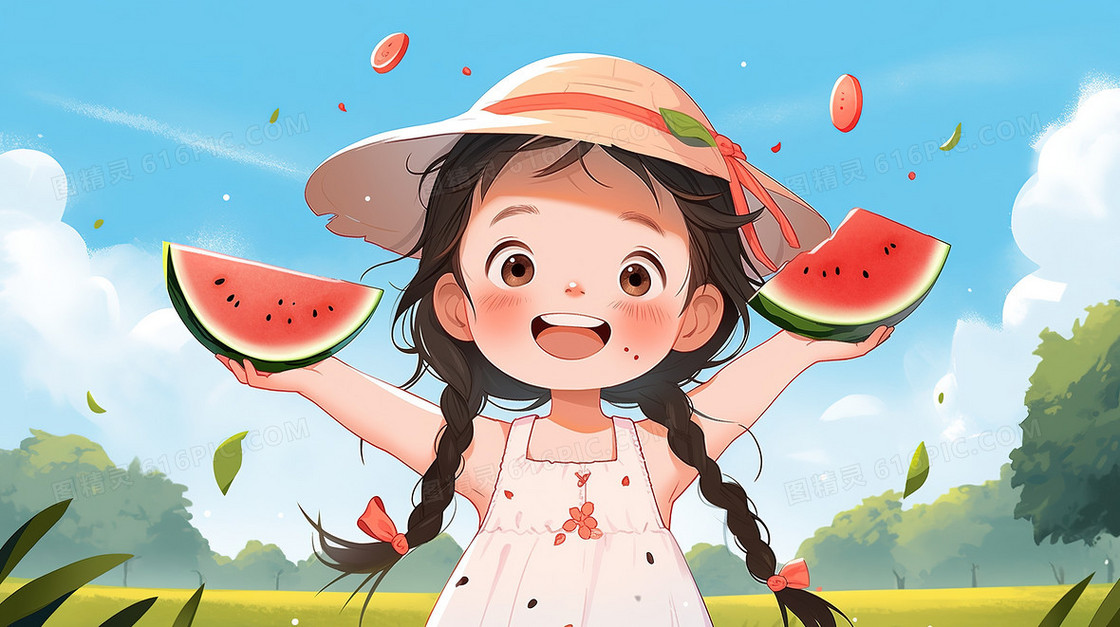 快乐童年吃西瓜的小女孩插画