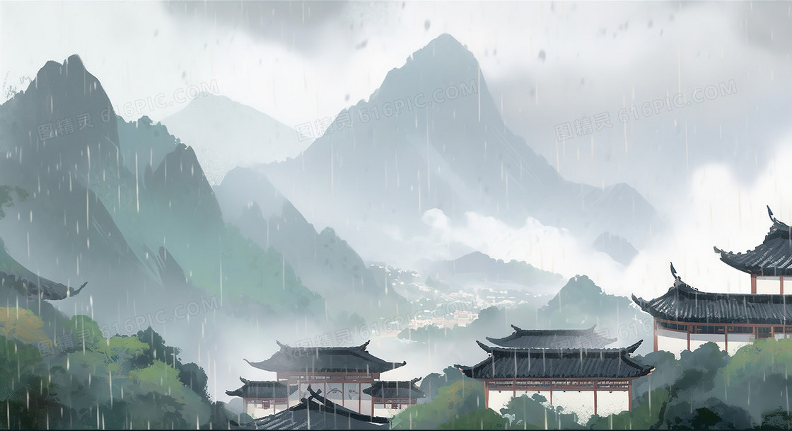 清明节气美丽的雨中村庄插画