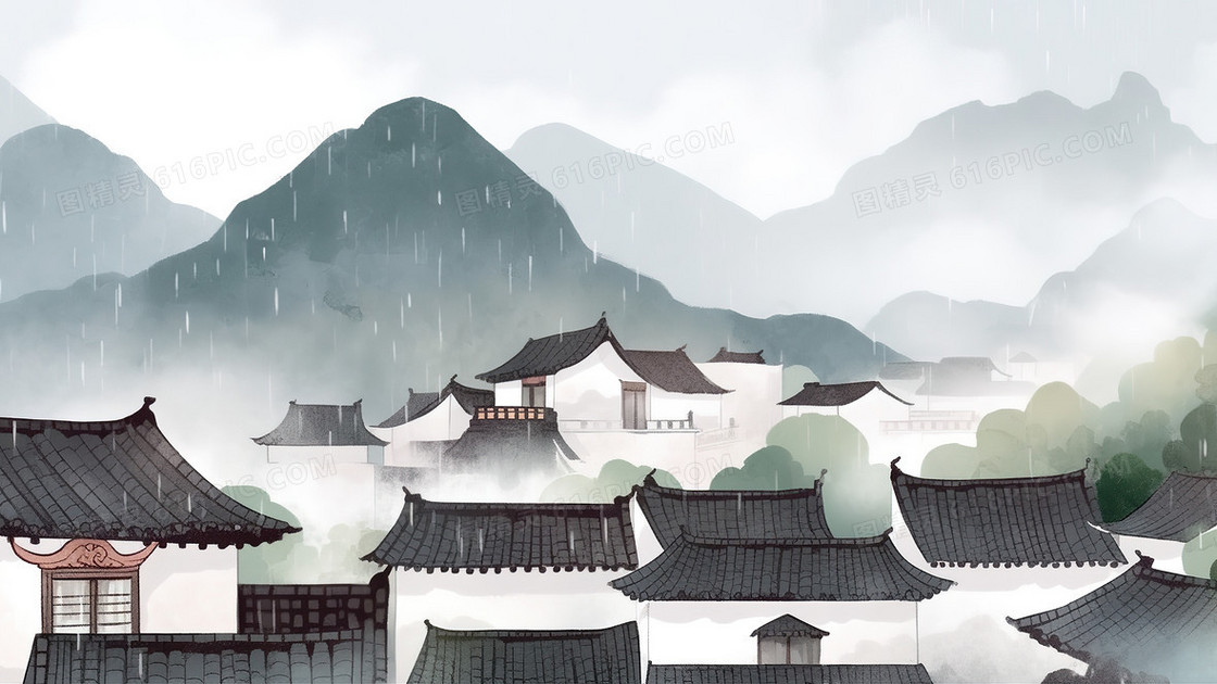 清明节气美丽的雨中村庄插画