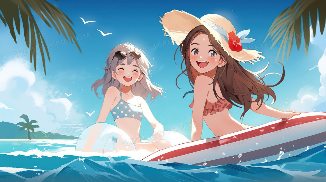 夏天海边度假的快乐女生插画