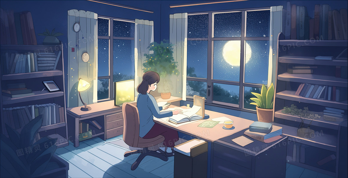 深夜在备课的老师插画