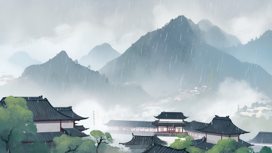 清明节气美丽的雨中村庄插画