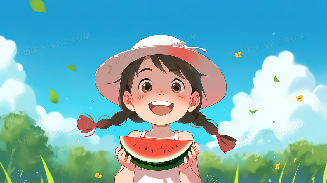快乐童年吃西瓜的小女孩插画