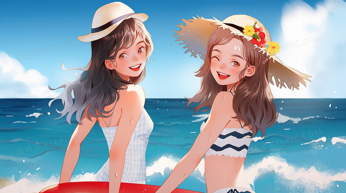 夏天海边度假的快乐女生插画