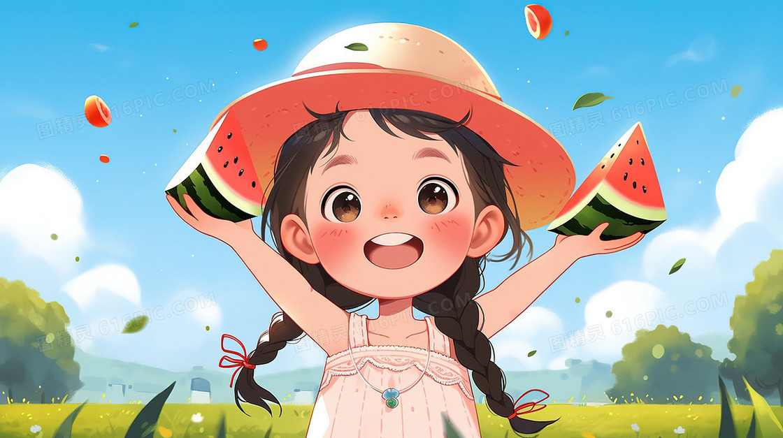 快乐童年吃西瓜的小女孩插画