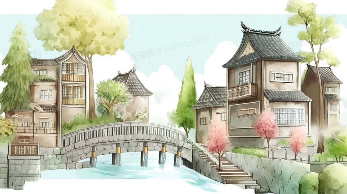 中国复古建筑插画