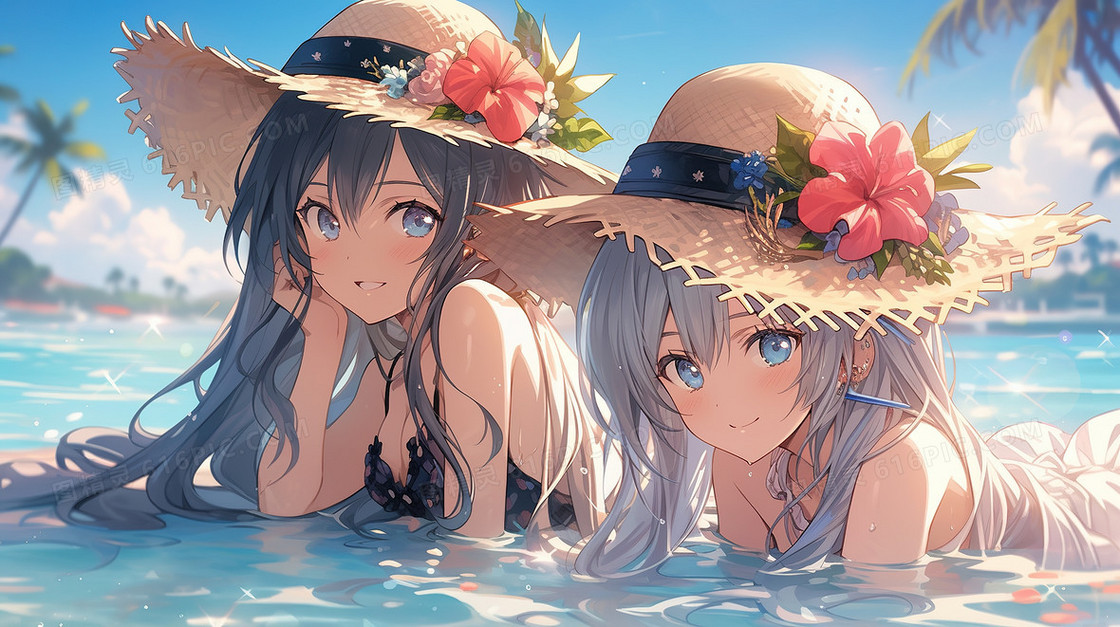 夏天海边度假的快乐女生插画
