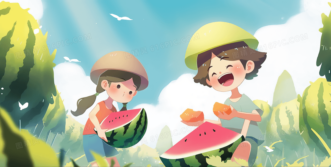 夏天小朋友们在吃西瓜解暑插画