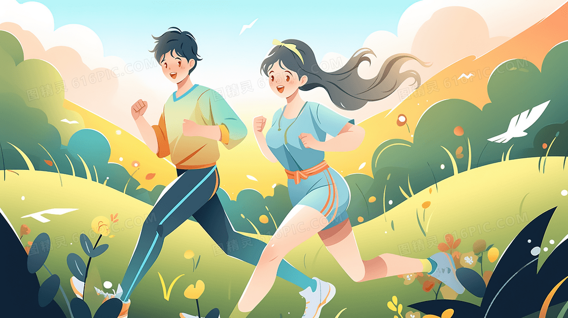 两人户外跑步晨练插画