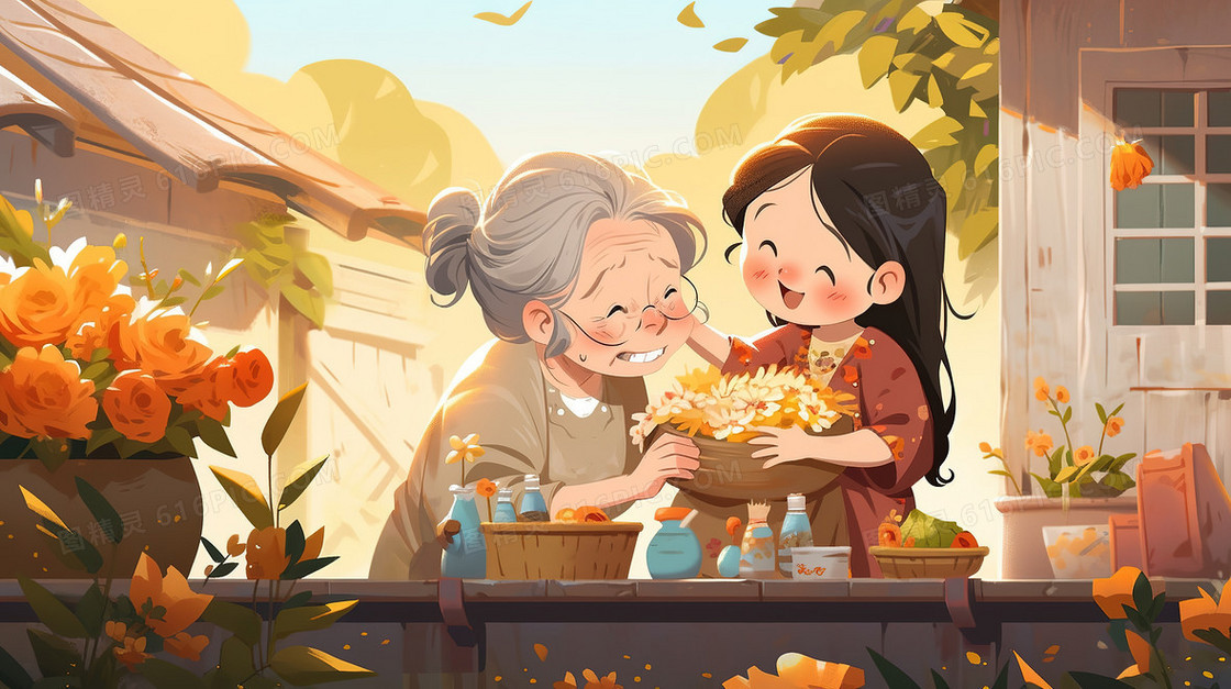 重阳节在院子陪奶奶的孙女插画
