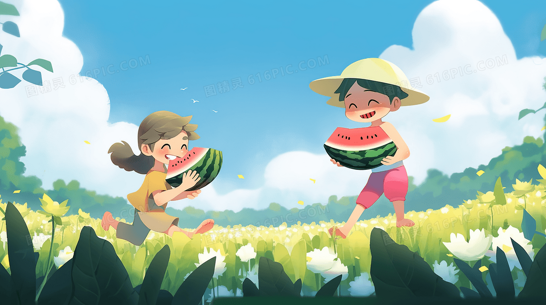 夏天小朋友们在吃西瓜解暑插画