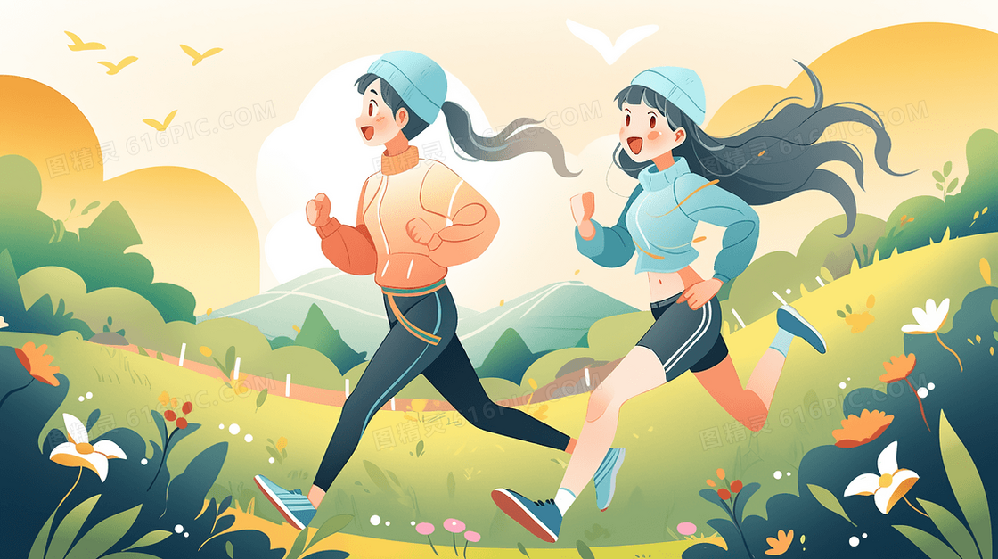 两人户外跑步晨练插画