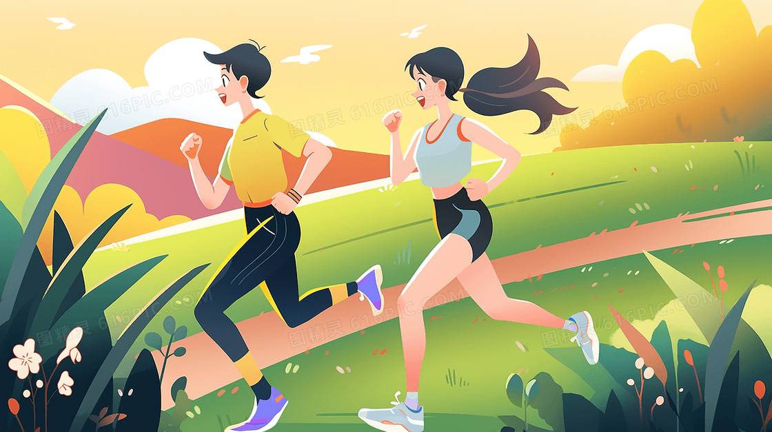 两人户外跑步晨练插画