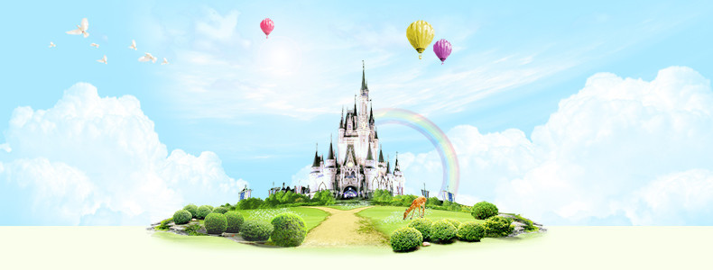 母婴产品清新彩虹城堡气球背景