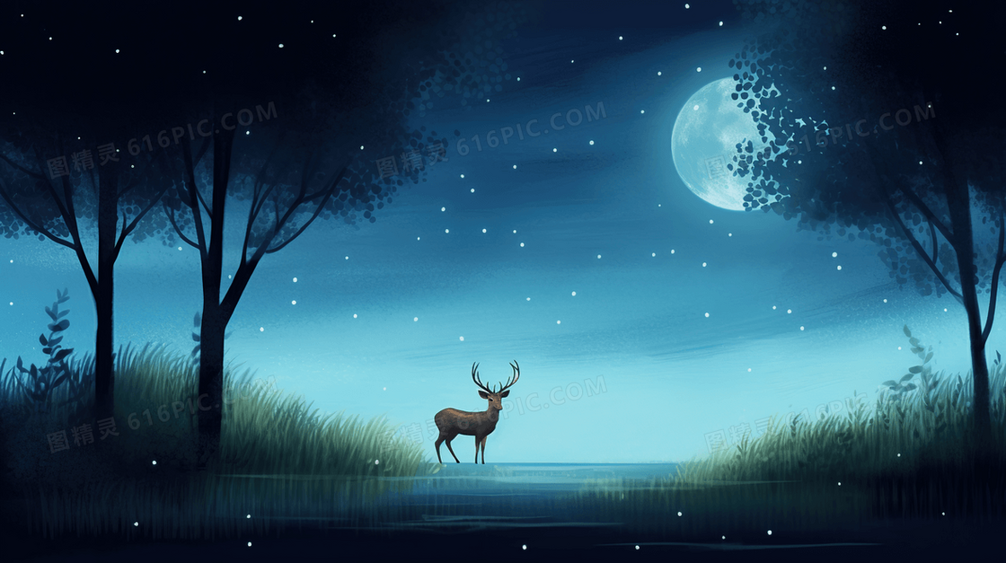 夜晚森林中的麋鹿插画