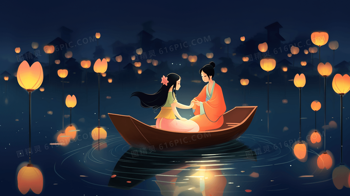 小船上放花灯的少女祈福插画