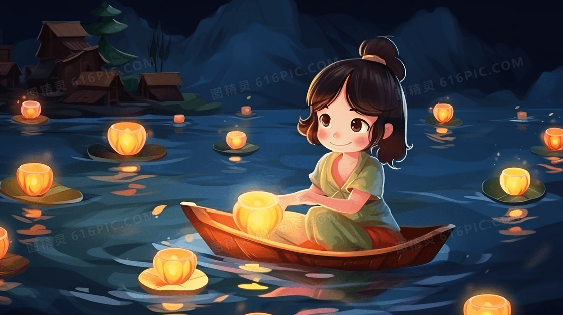 小船上放花灯的少女祈福插画