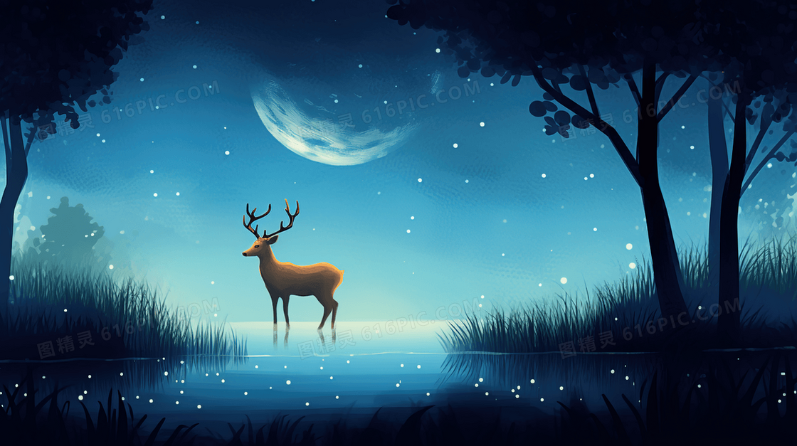 夜晚森林中的麋鹿插画